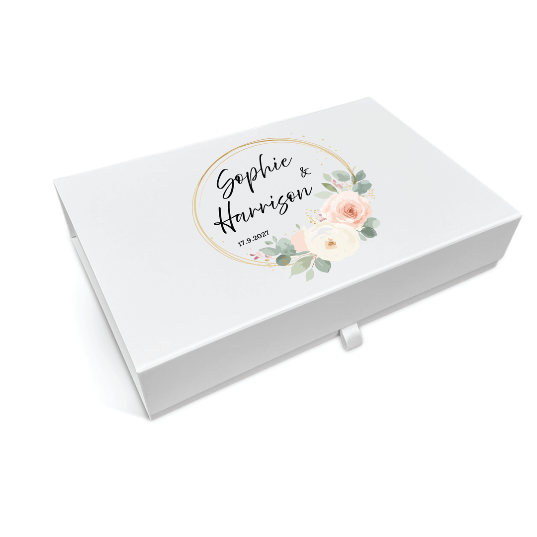 White jewelry memory box box with floral design and personalized text on a white background