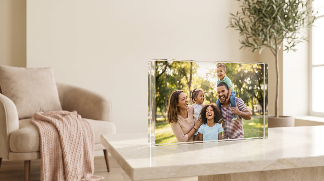 Clear acrylic photo block displaying a family portrait, standing on a coffee table in a bright living room