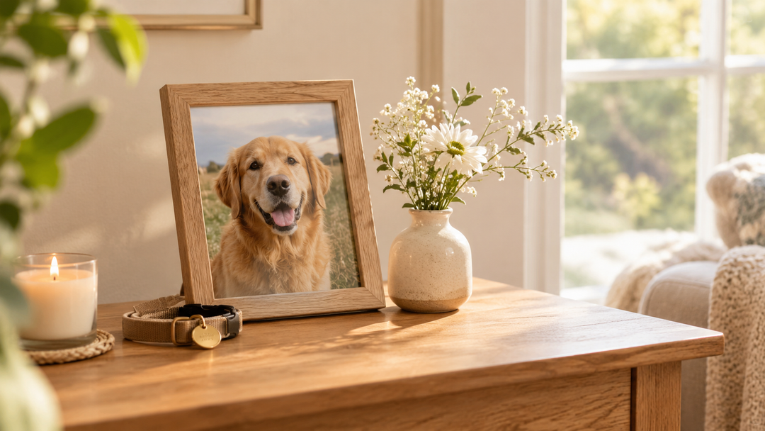 Framed golden retriever photo beside a dog collar, lit candle and vase of white flowers on a wooden table.