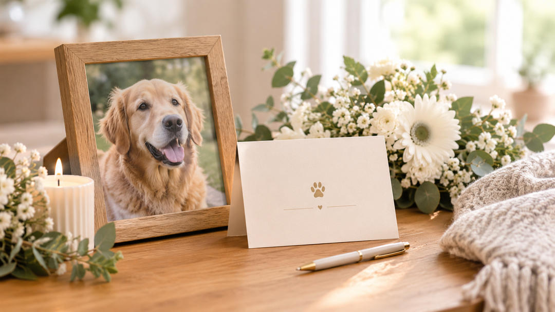 Pet loss sympathy card beside a framed dog photograph and white flowers