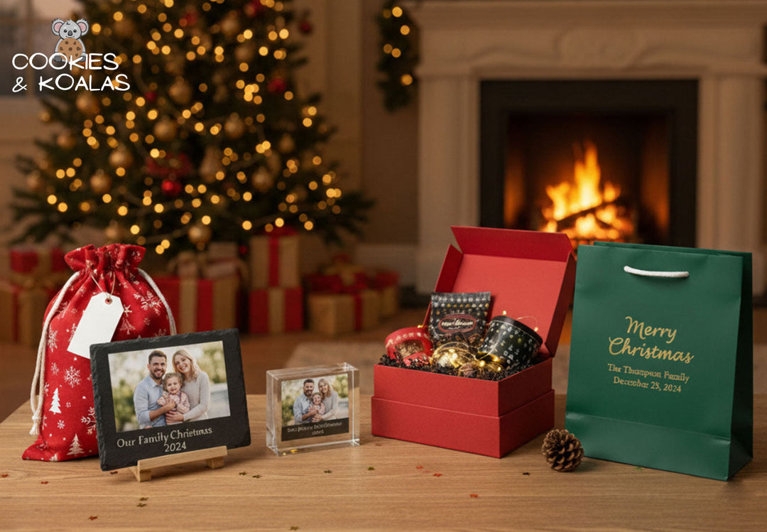 A cozy Christmas scene with a decorated tree, fireplace, and personalised gifts, including Christmas gift bags, photo frames, and a red gift box — perfect Christmas gifts for the holiday season.