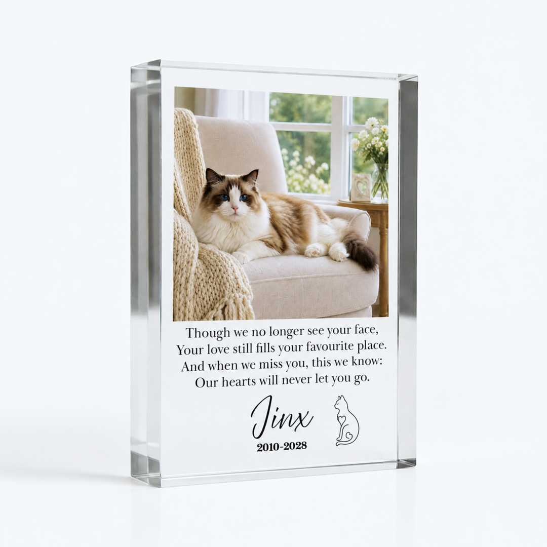 Personalised cat memorial gift, A6 acrylic block with a ragdoll cat photo, verse and name Jinx with a cat drawing
