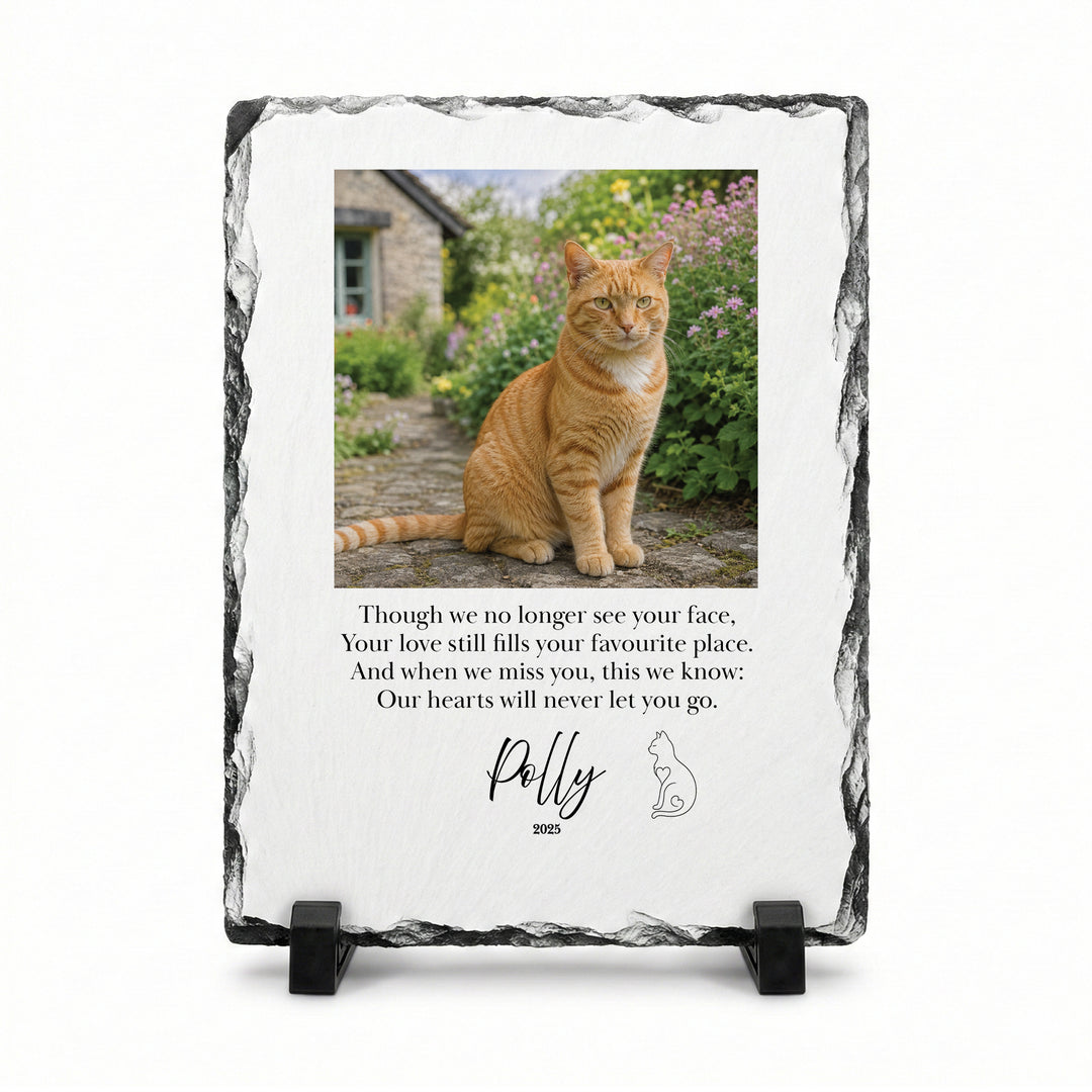 Cat memorial stone in natural slate, 15x20cm small rectangle, with a ginger cat named Polly on a stand