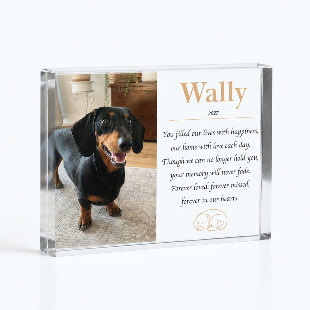 Personalised dog memorial gift, A6 landscape acrylic block with a dachshund photo, name Wally and a verse