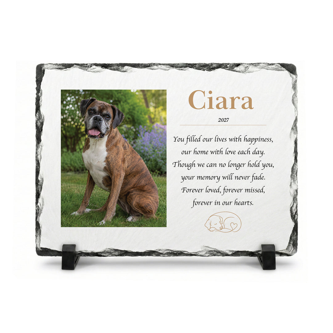 Dog memorial stone in natural slate, 15x20cm small rectangle, with a brindle dog named Ciara on a stand