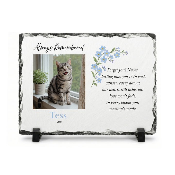 Forget me not memorial plaque in natural slate, 15x20cm small rectangle, with a tabby cat named Tess on a stand