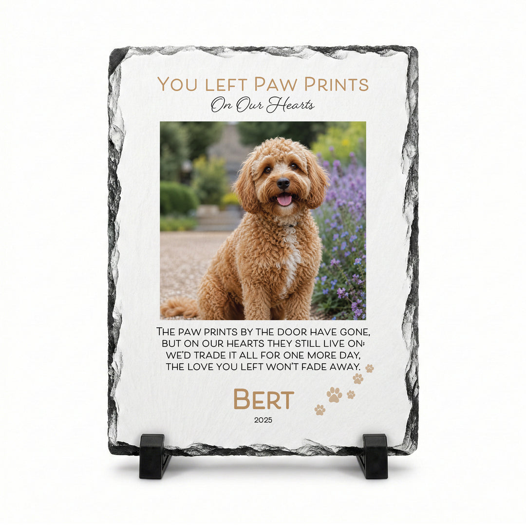 Paw print memorial stone in natural slate, 15x20cm small rectangle, with a curly apricot dog named Bert on a stand