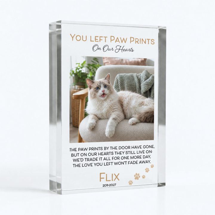 Paw prints on my heart pet remembrance block, A6 with a ragdoll cat photo, verse and name Flix with paw prints