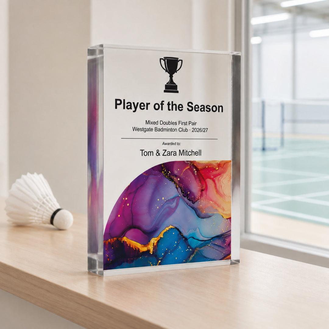Personalised badminton trophy printed Player of the Season beside a shuttlecock
