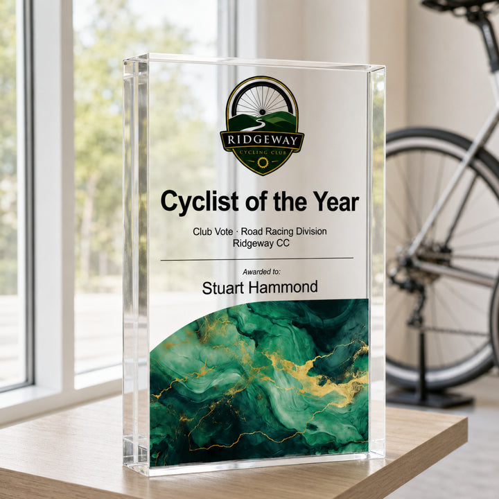 Personalised cycling trophy printed Cyclist of the Year with a club crest and green base