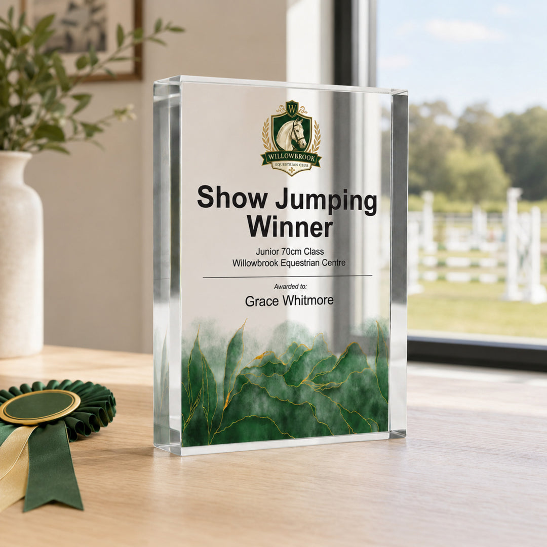 Personalised equestrian trophy printed Show Jumping Winner with a riding club crest and green base
