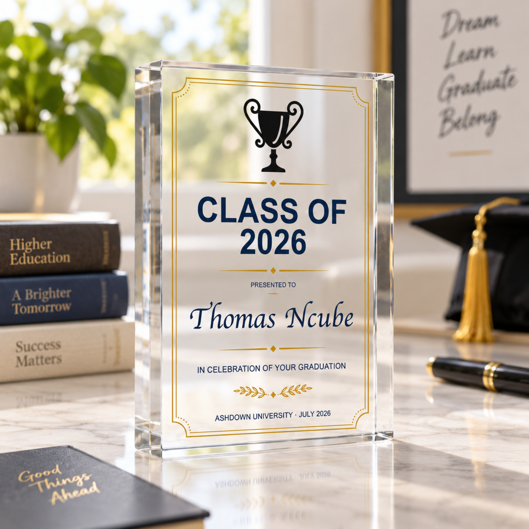 Personalised graduation plaque in navy and gold certificate design printed Class of 2026, clear acrylic on a desk