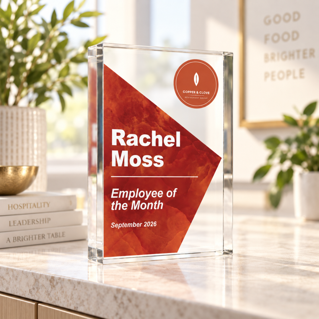 Personalised staff award trophy in deep orange Colour Block design printed Employee of the Month, with company logo