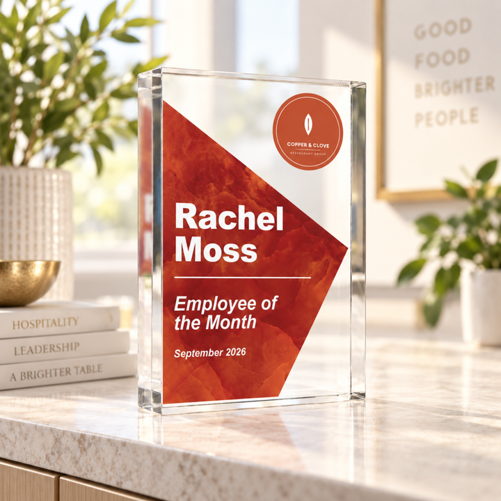 Personalised staff award trophy in deep orange Colour Block design printed Employee of the Month, with company logo