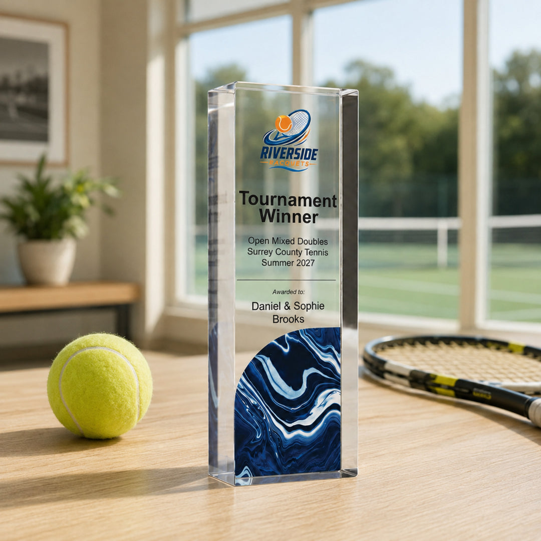 Personalised tennis trophy printed Tournament Winner with a club crest, beside a racket and ball