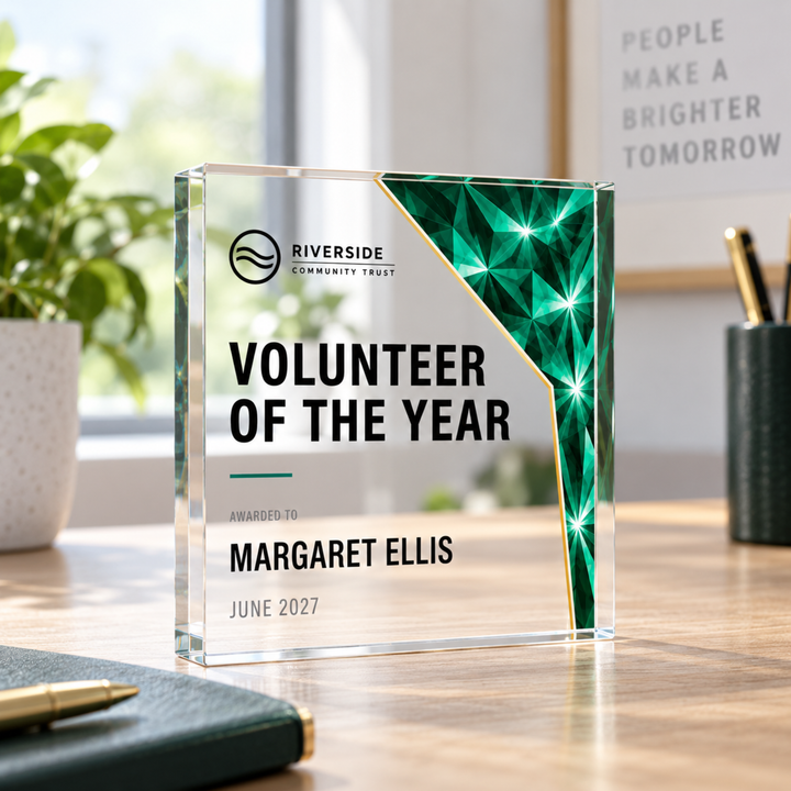 Personalised Volunteer of the Year award with green glass-effect prism design and charity logo, clear acrylic
