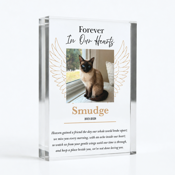Angel wings pet bereavement gift, A6 acrylic block with a Siamese cat photo framed by wings and name Smudge
