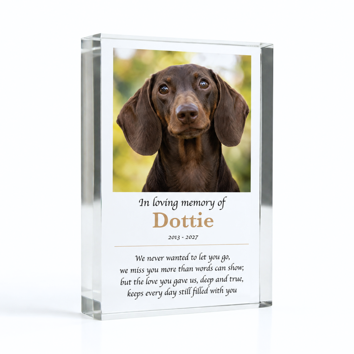 In loving memory pet memorial photo block, A6 clear acrylic with a dachshund photo, name Dottie and a short verse