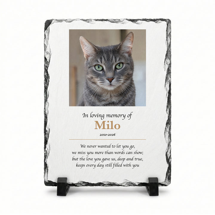 In Loving Memory pet memorial stone in natural slate, 15x20cm small rectangle, with a tabby cat named Milo on a stand