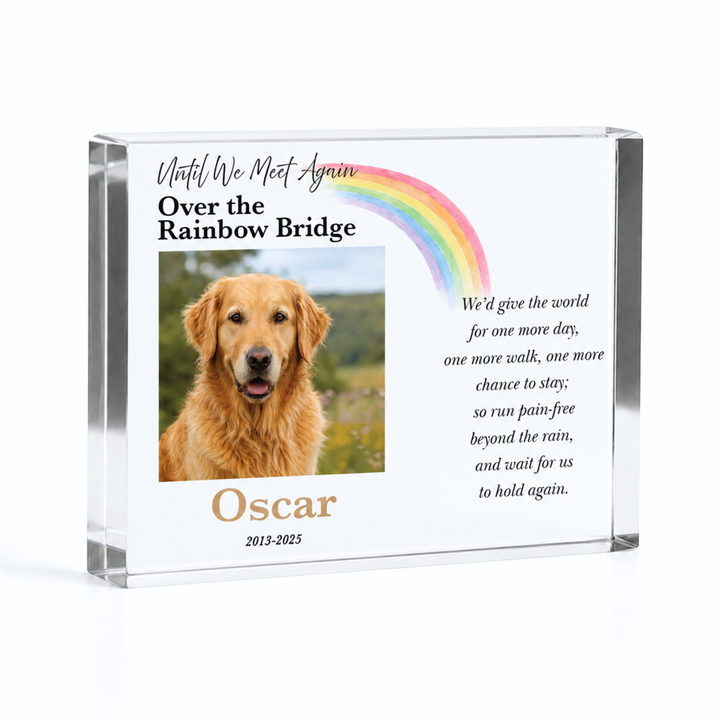 Rainbow Bridge pet memorial, A6 acrylic block with a watercolour rainbow, golden retriever photo and name Oscar