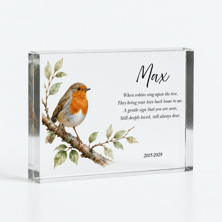 Robin memorial gift, A6 clear acrylic verse block with a watercolour robin on a branch, name Max and dates
