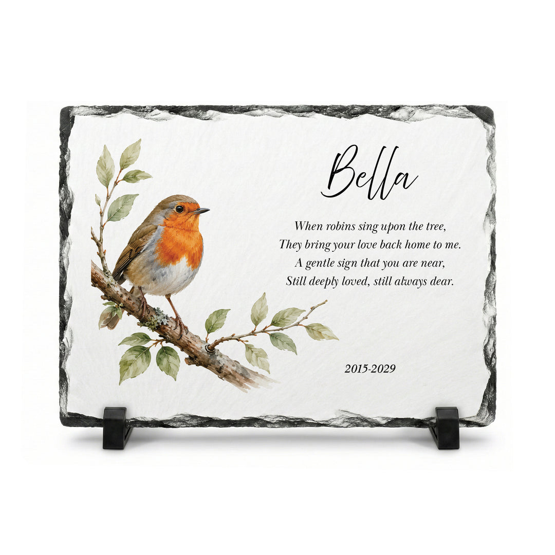 Robin memorial plaque in natural slate, 15x20cm small rectangle, with a watercolour robin and the name Bella