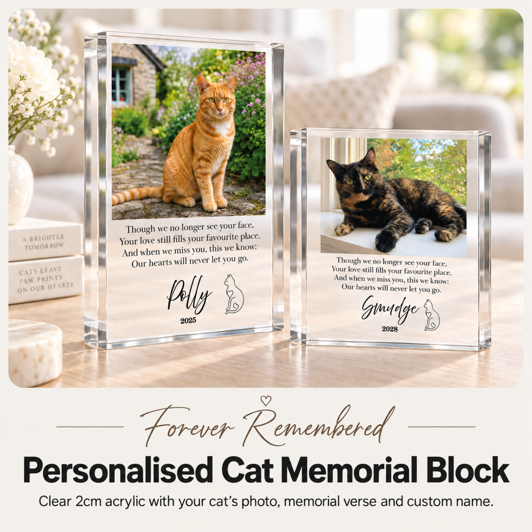 Personalised cat memorial blocks with ginger cat Polly and tortoiseshell Smudge on a table by a garden window