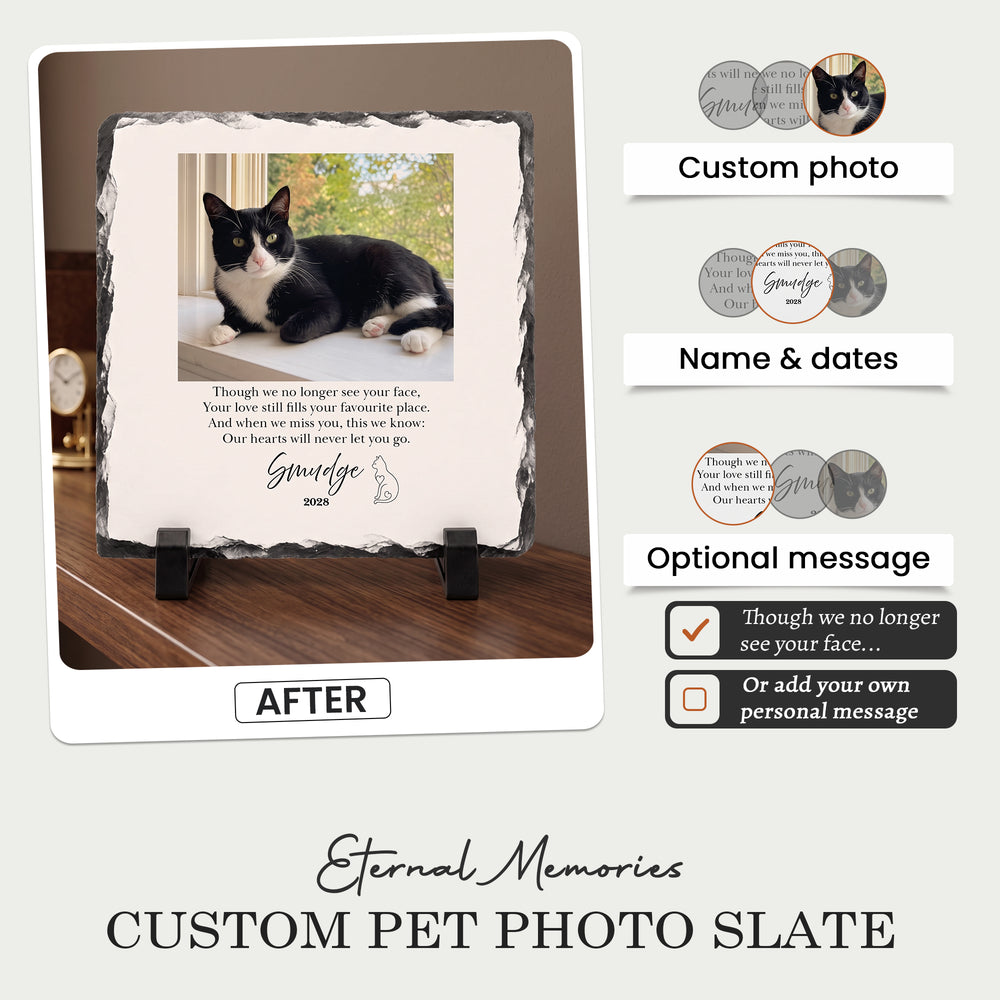 Personalising the cat memorial stone: your photo, name and dates, with the verse or your own words