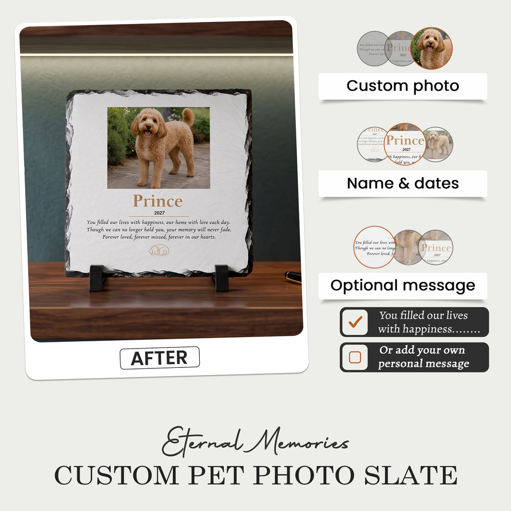 Personalising the dog memorial stone: your photo, name and dates, with the verse or your own words