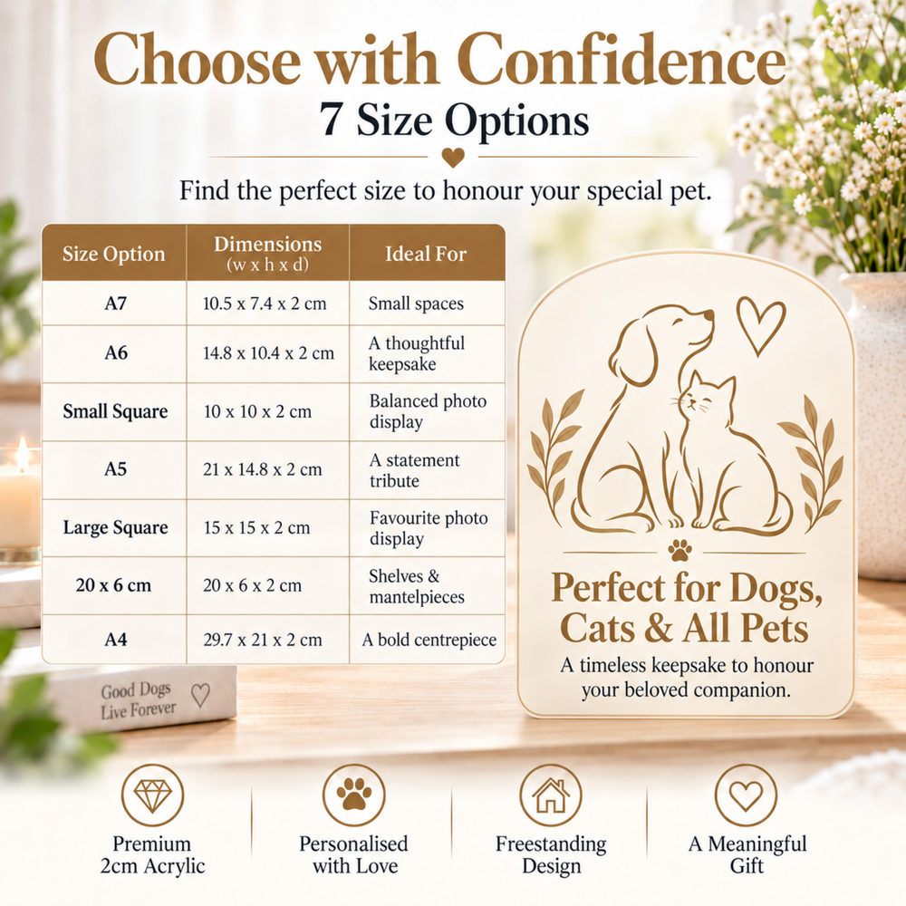 Size guide for the Forget Me Not pet memorial block: A7, A6, A5, A4, 10x10cm, 15x15cm and 20x6cm