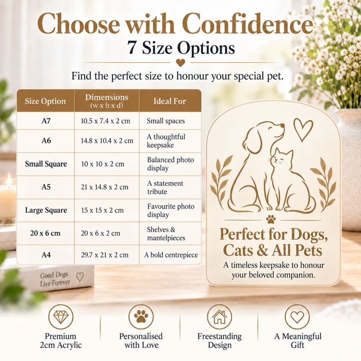 Size guide for the Forget Me Not pet memorial block: A7, A6, A5, A4, 10x10cm, 15x15cm and 20x6cm