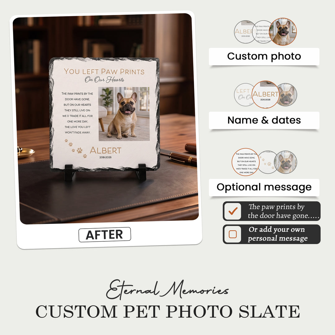 Personalising the paw print memorial stone: your photo, name and dates, with the verse or your own words