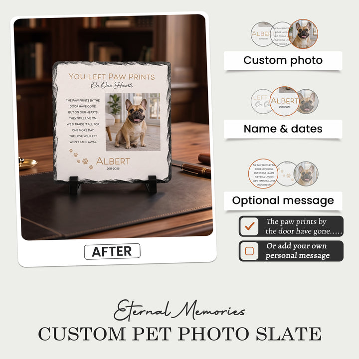 Personalising the paw print memorial stone: your photo, name and dates, with the verse or your own words