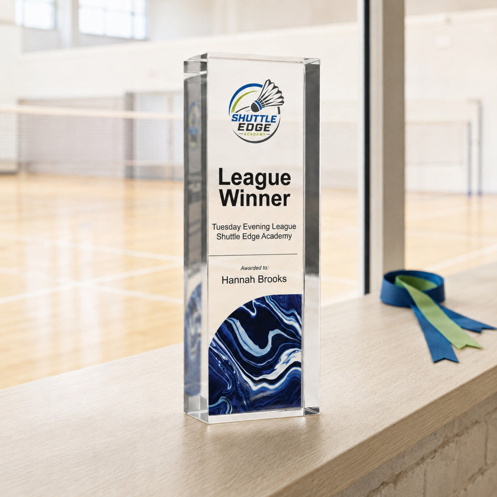 Slim upright personalised badminton trophy printed League Winner with a club crest and navy base