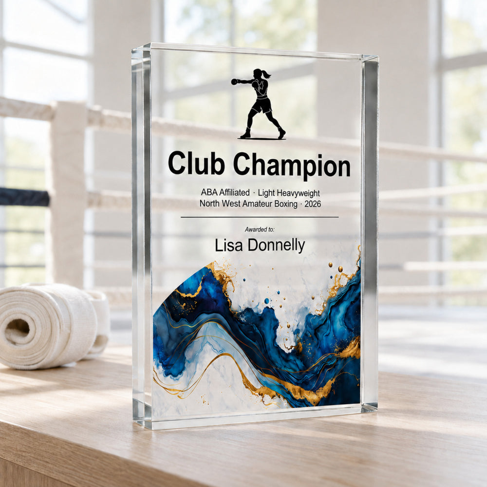 Personalised boxing trophy printed Club Champion with a boxer icon and blue gold base