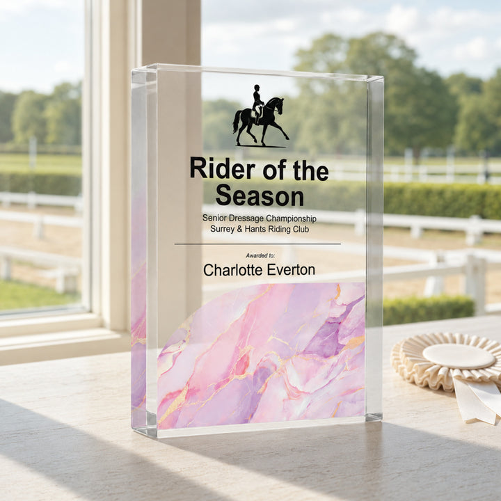 Personalised equestrian trophy printed Rider of the Season with a horse and rider icon