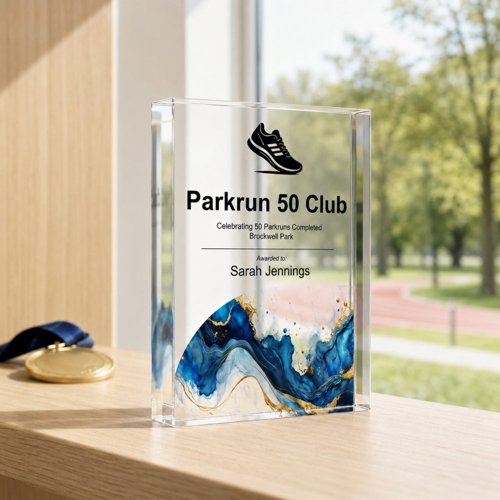 Personalised Parkrun 50 Club running trophy in clear acrylic with running shoe icon and gold medal