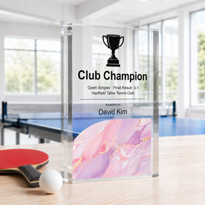 Personalised table tennis trophy printed Club Champion with a trophy icon and pink base