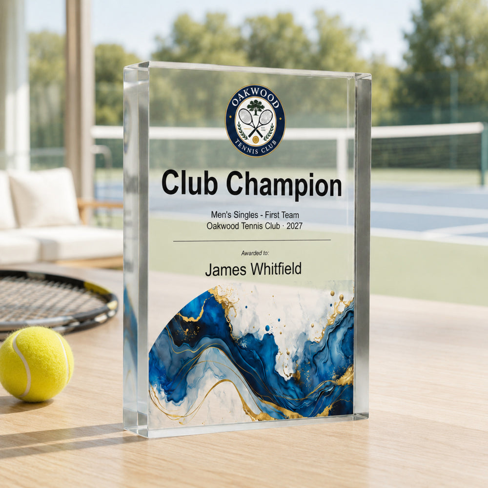 Personalised tennis trophy printed Club Champion with a club crest and blue gold base