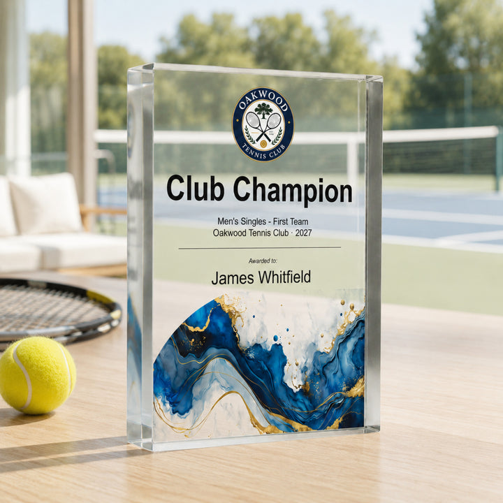 Personalised tennis trophy printed Club Champion with a club crest and blue gold base