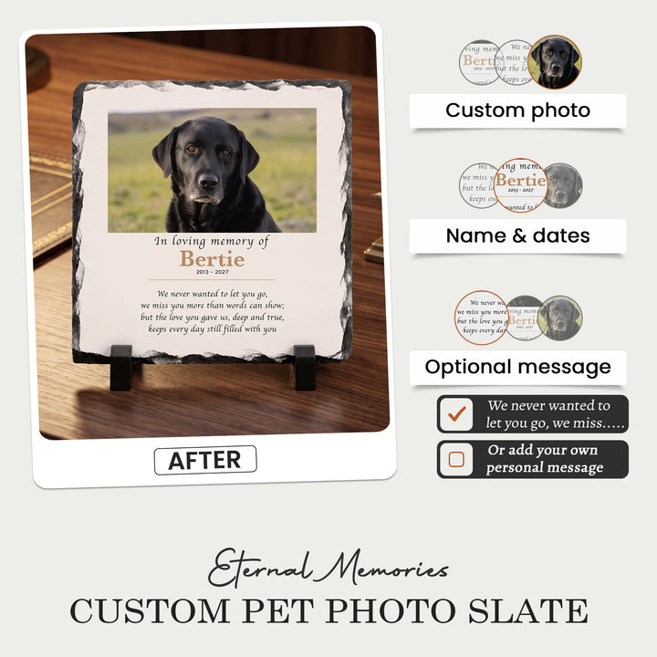 Personalising the In Loving Memory pet memorial stone: your photo, name and dates, with the verse or your own words