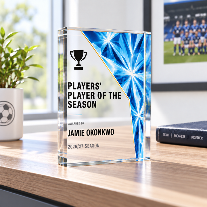 Players' Player of the Season achievement award in light blue prism design, a personalised acrylic club trophy