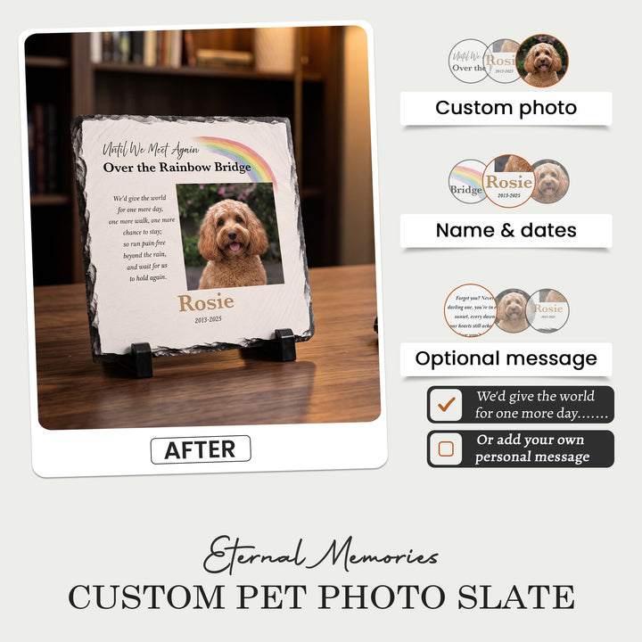 Personalising the Rainbow Bridge plaque: your photo, name and dates, with the verse or your own words