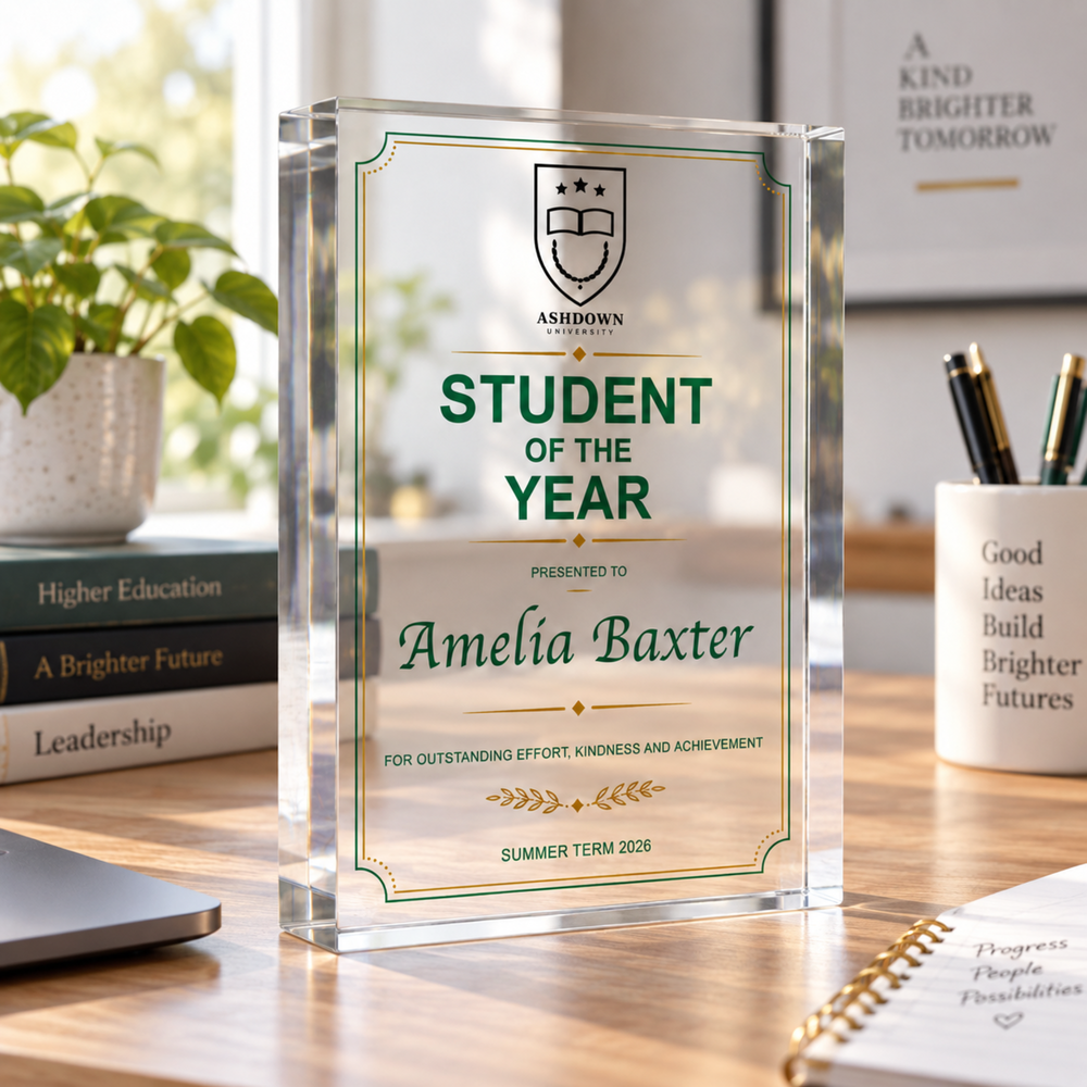 Student of the Year award plaque with school crest and green and gold certificate border, personalised acrylic