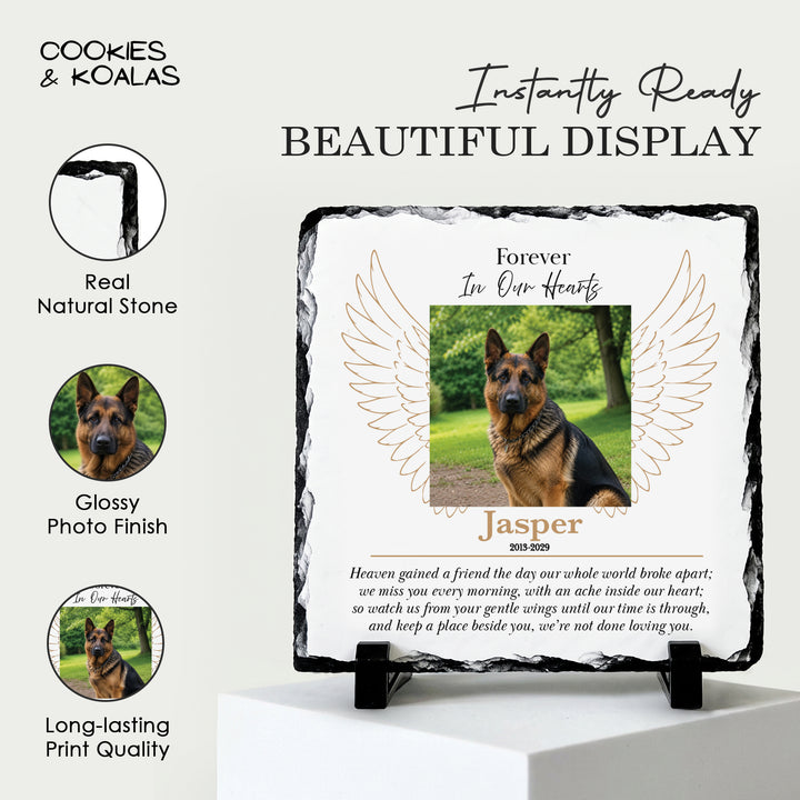 Angel wings memorial plaque on a white stand, showing the real stone edge, glossy finish and long-lasting print