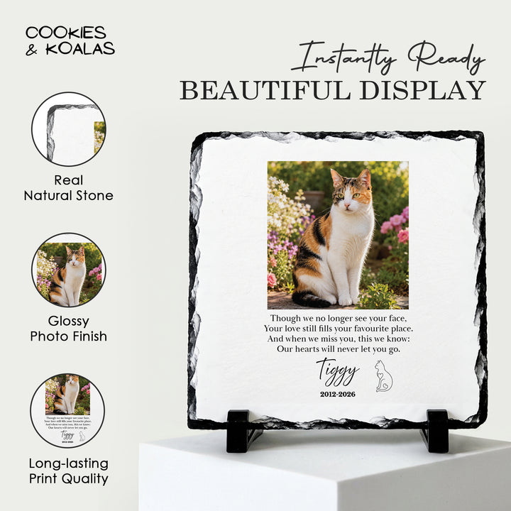 Cat memorial stone on a white stand, showing the real stone edge, glossy finish and long-lasting print