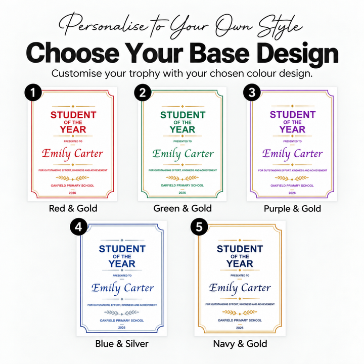 Five certificate colourways for a personalised award plaque: red, green, purple, navy with gold and blue with silver