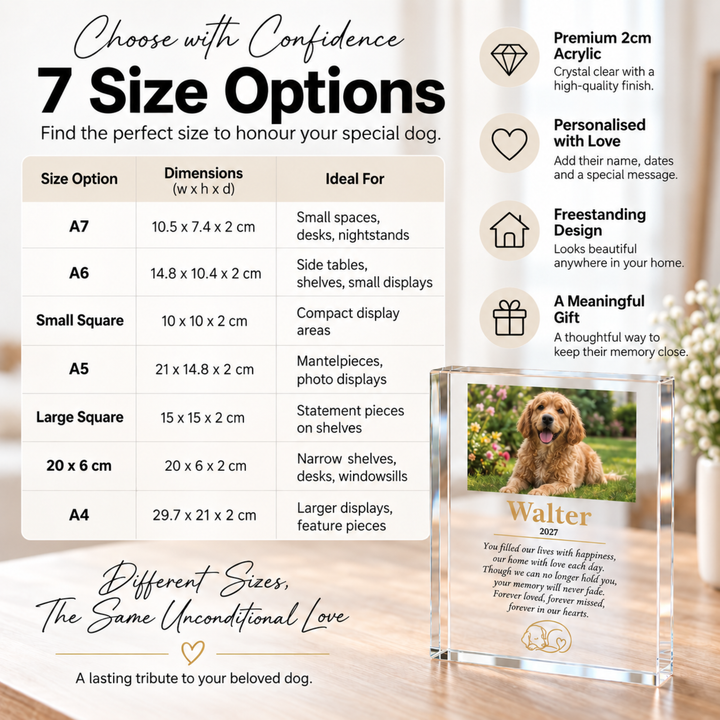 Size guide for the dog memorial photo block: A7, A6, A5, A4, 10x10cm, 15x15cm and 20x6cm