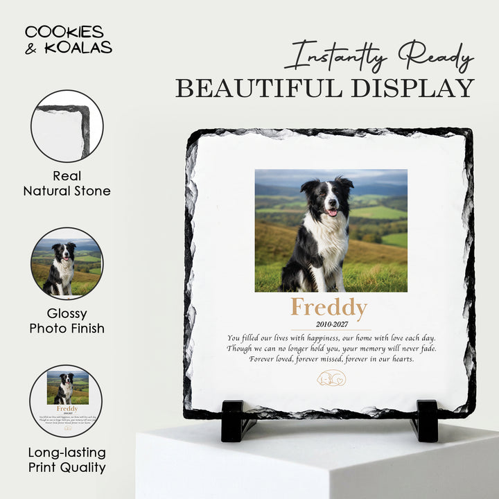 Dog memorial stone on a white stand, showing the real stone edge, glossy finish and long-lasting print