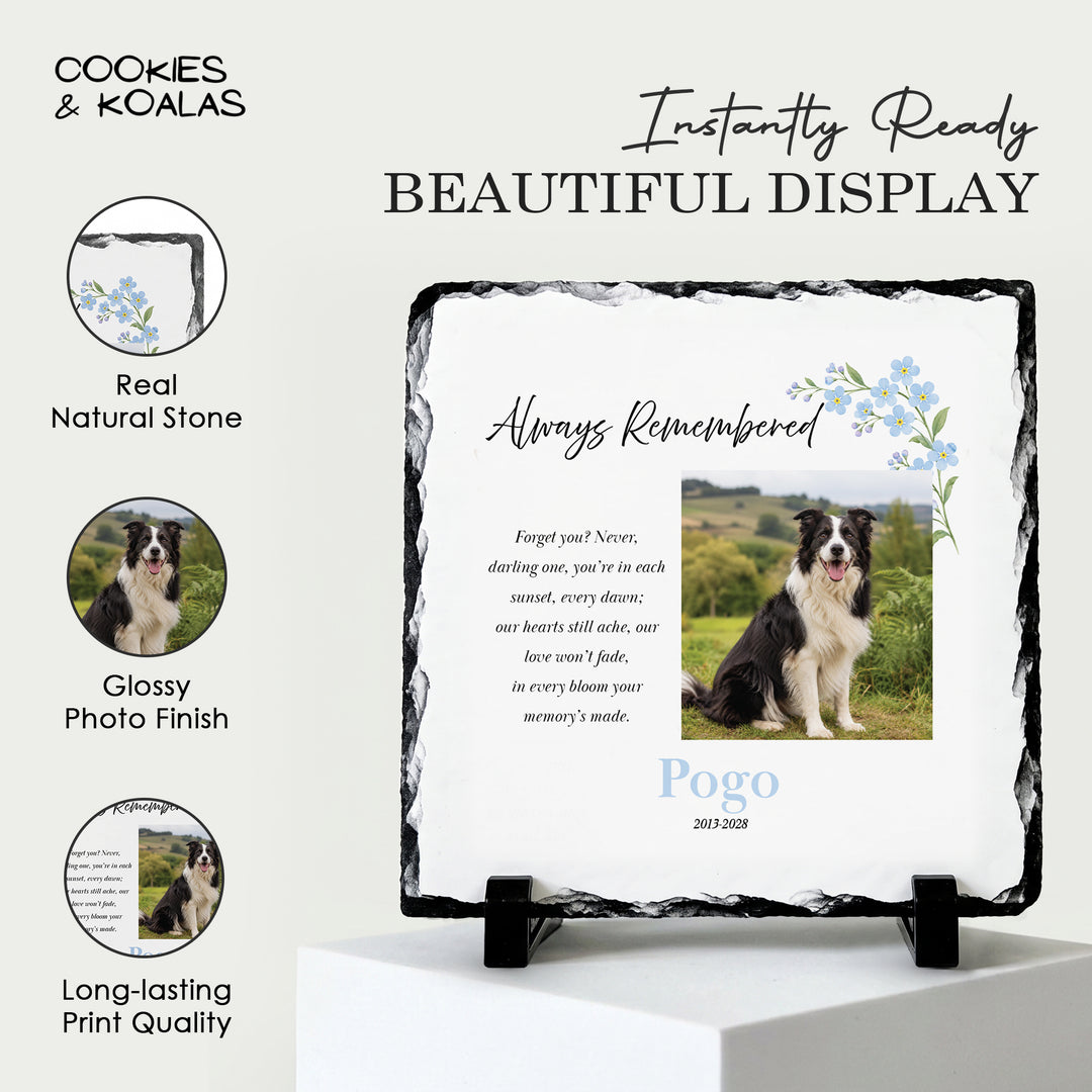 Forget me not memorial plaque on a white stand, showing the real stone edge, glossy finish and long-lasting print